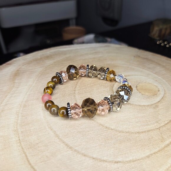 Gemstone beaded bracelet - Tiger eye, cherry quartz - brown and pink beads - Picture 3 of 3